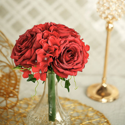 2 Pack | Burgundy Rose & Hydrangea Artificial Silk Flowers Bouquet
