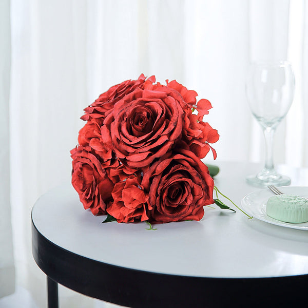 2 Pack | Burgundy Rose & Hydrangea Artificial Silk Flowers Bouquet