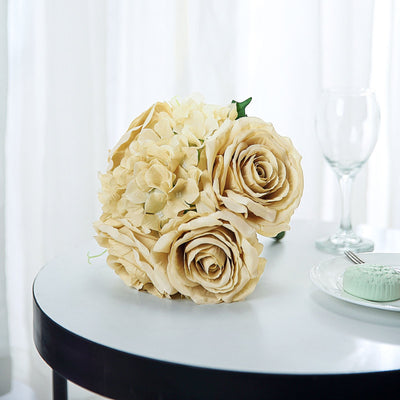 2 Pack | Champagne Rose & Hydrangea Artificial Silk Flowers Bouquet