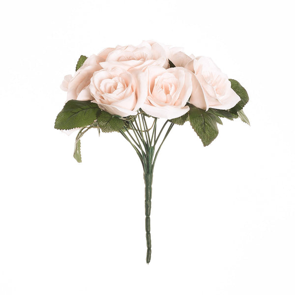 14 Blush Velvet-Like Faux Rose Flower Bush, Artificial Flower Bouquet - Rose Gold#whtbkgd