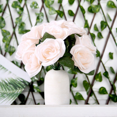 14 Blush Velvet-Like Faux Rose Flower Bush, Artificial Flower Bouquet - Rose Gold