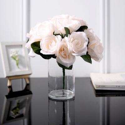 14 Blush Velvet-Like Faux Rose Flower Bush, Artificial Flower Bouquet - Rose Gold