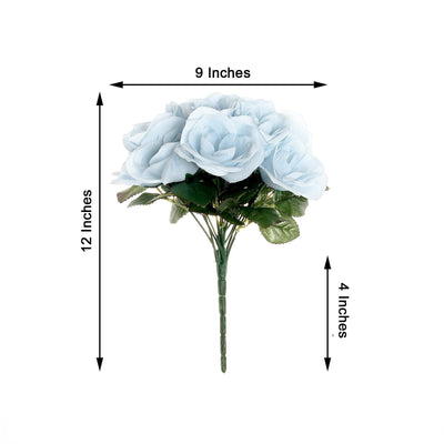 14 Ice Blue Velvet-Like Faux Rose Flower Bush, Artificial Flower Bouquet