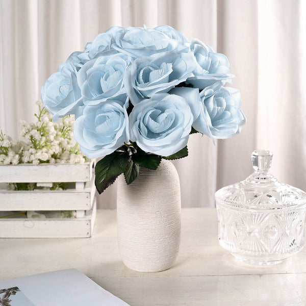 14 Ice Blue Velvet-Like Faux Rose Flower Bush, Artificial Flower Bouquet