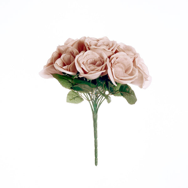 14 Dusty Rose Velvet-Like Faux Rose Flower Bush, Artificial Flower Bouquet#whtbkgd