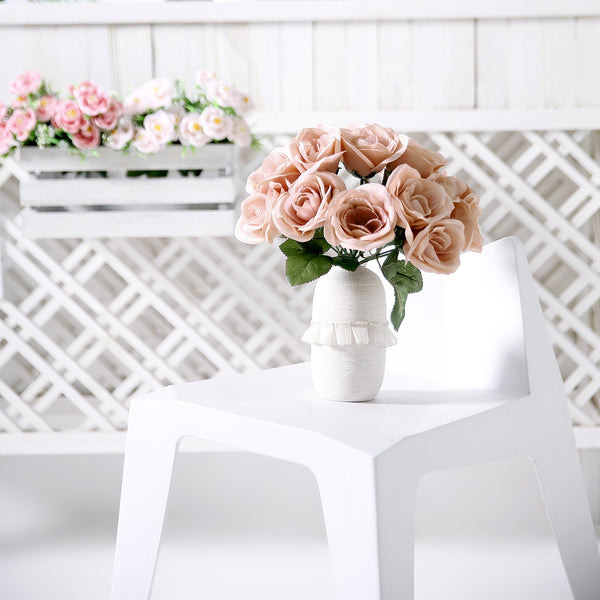 14 Dusty Rose Velvet-Like Faux Rose Flower Bush, Artificial Flower Bouquet