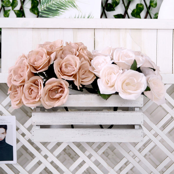 14 Dusty Rose Velvet-Like Faux Rose Flower Bush, Artificial Flower Bouquet