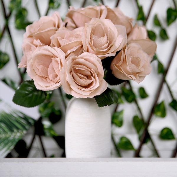 14 Dusty Rose Velvet-Like Faux Rose Flower Bush, Artificial Flower Bouquet