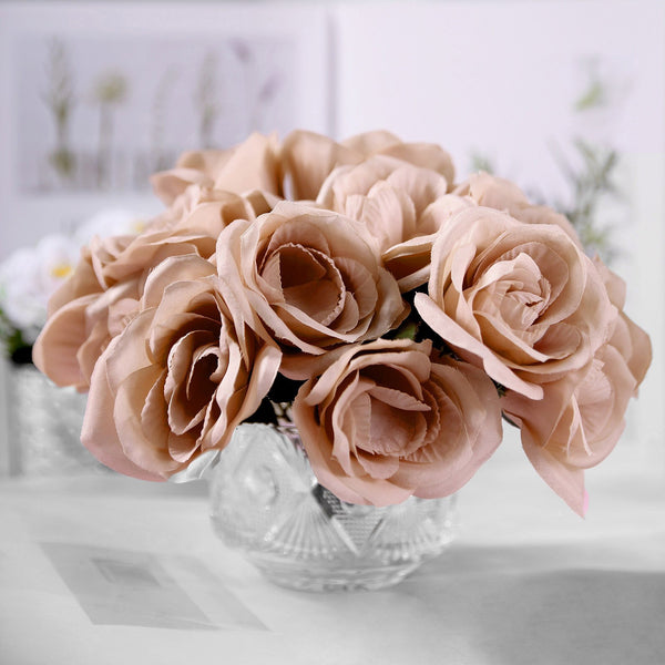 14 Dusty Rose Velvet-Like Faux Rose Flower Bush, Artificial Flower Bouquet