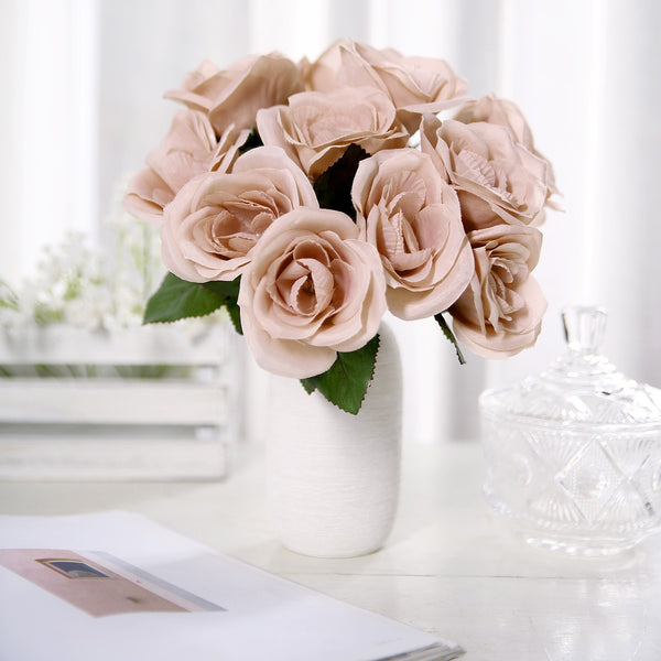 14 Dusty Rose Velvet-Like Faux Rose Flower Bush, Artificial Flower Bouquet