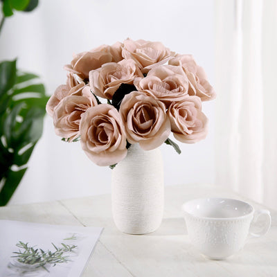 14 Dusty Rose Velvet-Like Faux Rose Flower Bush, Artificial Flower Bouquet