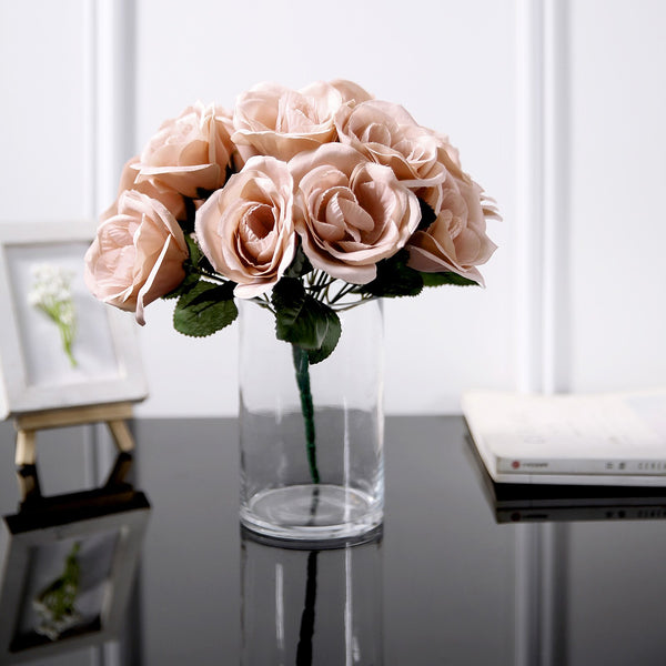 14 Dusty Rose Velvet-Like Faux Rose Flower Bush, Artificial Flower Bouquet