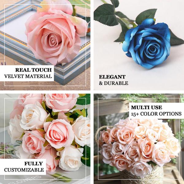 14 Gold Velvet-Like Faux Rose Flower Bush, Artificial Flower Bouquet