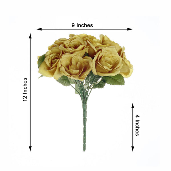 14 Gold Velvet-Like Faux Rose Flower Bush, Artificial Flower Bouquet