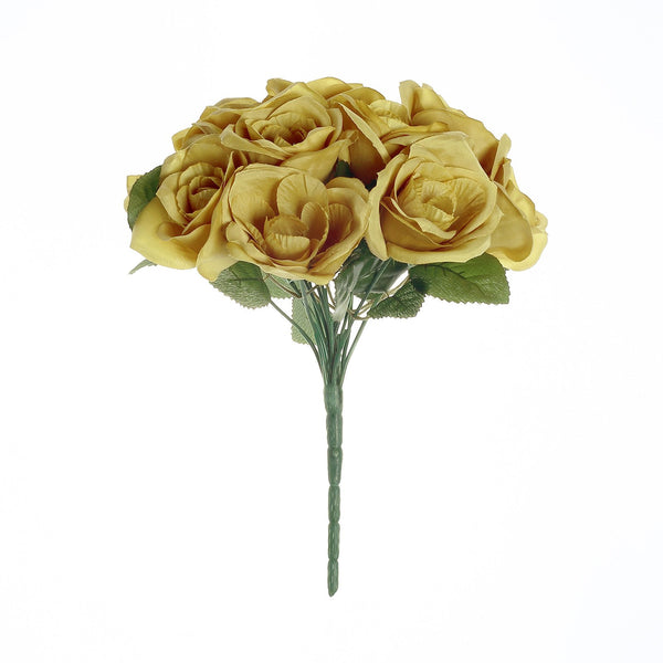 14 Gold Velvet-Like Faux Rose Flower Bush, Artificial Flower Bouquet#whtbkgd