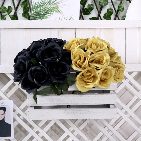 14 Gold Velvet-Like Faux Rose Flower Bush, Artificial Flower Bouquet