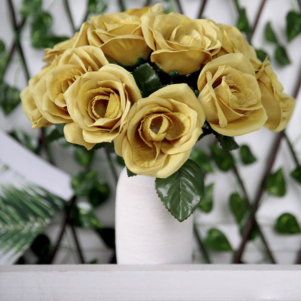14 Gold Velvet-Like Faux Rose Flower Bush, Artificial Flower Bouquet