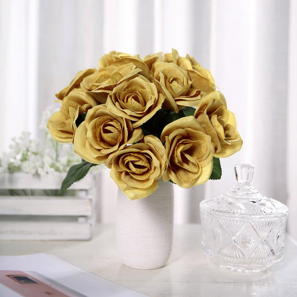 14 Gold Velvet-Like Faux Rose Flower Bush, Artificial Flower Bouquet