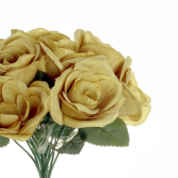 14 Gold Velvet-Like Faux Rose Flower Bush, Artificial Flower Bouquet