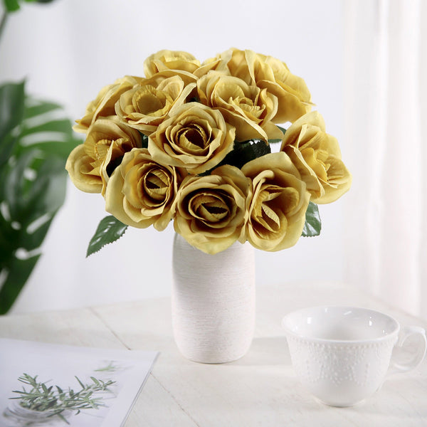 14 Gold Velvet-Like Faux Rose Flower Bush, Artificial Flower Bouquet