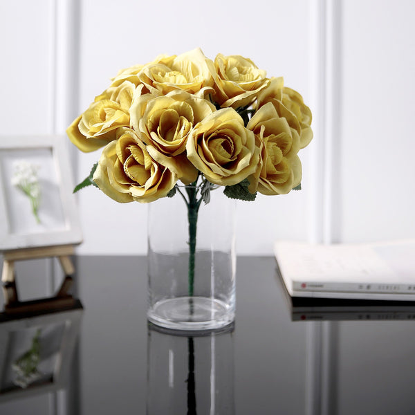 14 Gold Velvet-Like Faux Rose Flower Bush, Artificial Flower Bouquet