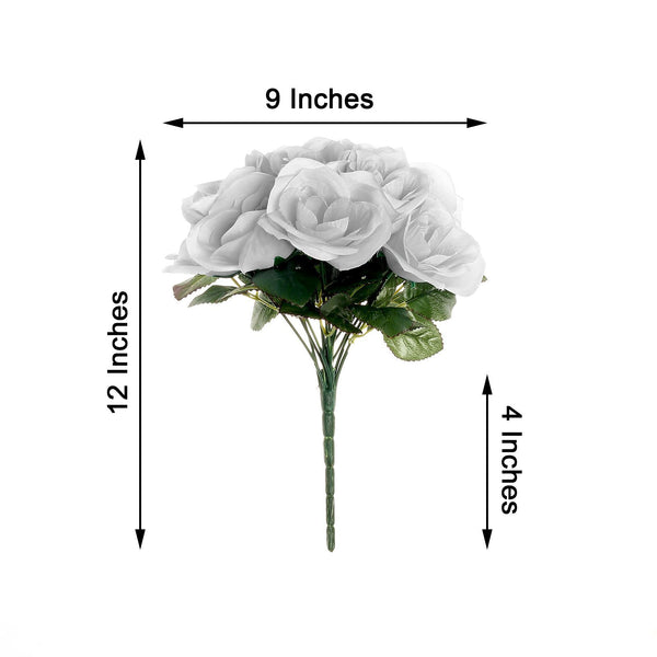 14 Silver Velvet-Like Faux Rose Flower Bush, Artificial Flower Bouquet