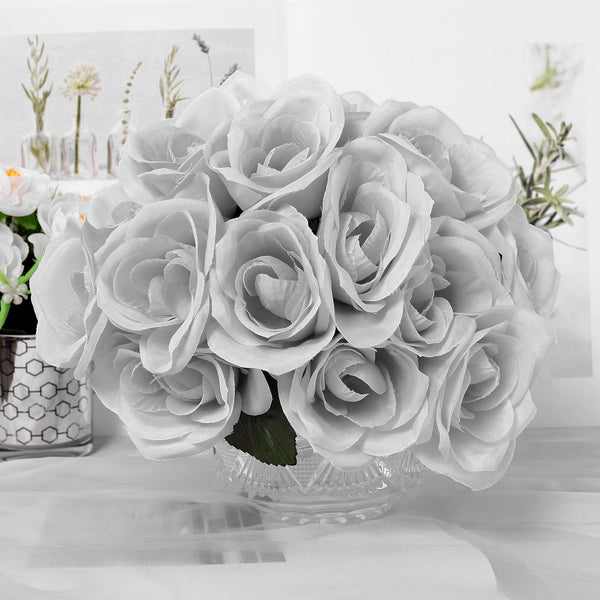 14 Silver Velvet-Like Faux Rose Flower Bush, Artificial Flower Bouquet
