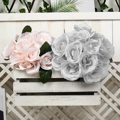 14 Silver Velvet-Like Faux Rose Flower Bush, Artificial Flower Bouquet