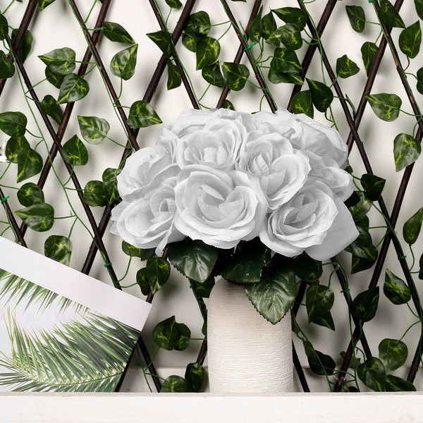 14 Silver Velvet-Like Faux Rose Flower Bush, Artificial Flower Bouquet