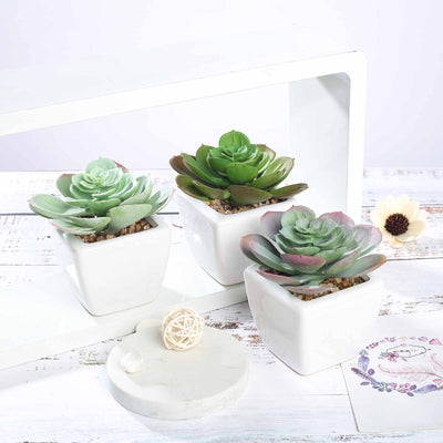 Set of 3 | Assorted Fake Succulents in Pot | 4" Assorted Echeveria Artificial Plants with Pots