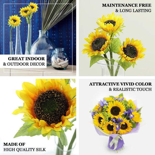 17inch Tall Artificial Sunflower Bouquet, Yellow Sunflower Stems Wedding Bouquet - 3 Stems