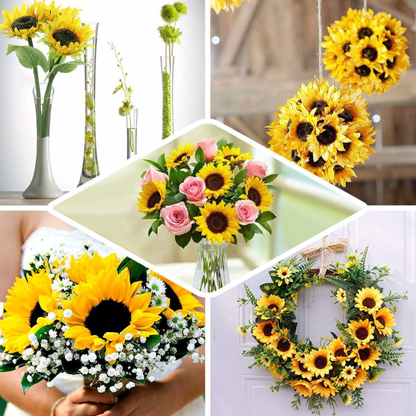 17inch Tall Artificial Sunflower Bouquet, Yellow Sunflower Stems Wedding Bouquet - 3 Stems