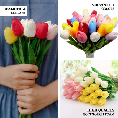10 Pack | 13" Red Single Stem Real Touch Tulips Artificial Flowers Bouquet, Foam Wedding Flowers