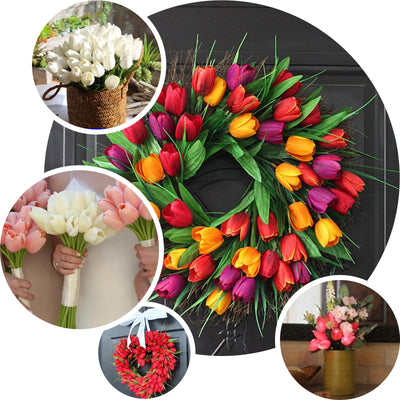 10 Pack | 13" Red Single Stem Real Touch Tulips Artificial Flowers Bouquet, Foam Wedding Flowers