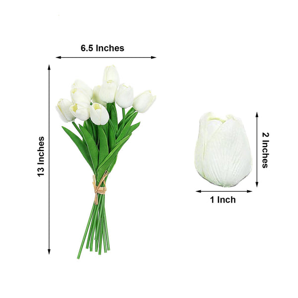 10 Pack | 13 inch White Single Stem Real Touch Tulips Artificial Flowers Bouquet, Foam Wedding Flowers