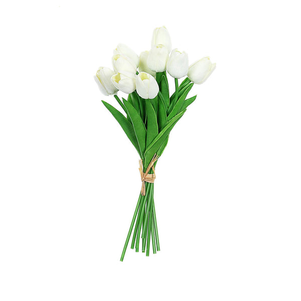 10 Pack | 13 inch White Single Stem Real Touch Tulips Artificial Flowers Bouquet, Foam Wedding Flowers
