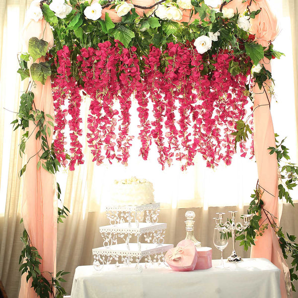 5 Bushes - 44" Artificial Wisteria Vine - Ratta Silk Hanging Flower Garland - Fuchsia