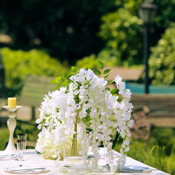5 Bushes - 44" Artificial Wisteria Vine - Ratta Silk Hanging Flower Garland - White