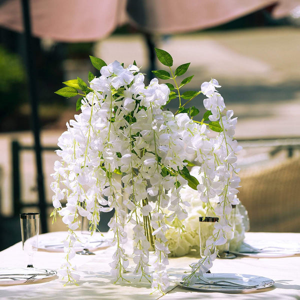 5 Bushes - 44" Artificial Wisteria Vine - Ratta Silk Hanging Flower Garland - White