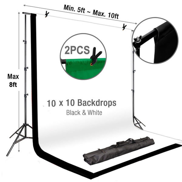 8ft x 10ft Adjustable Backdrop Stand - Portable Photography Backdrop Stand with 2 Free Backdrops - Photo Video Studio Backdrop Stand Kit