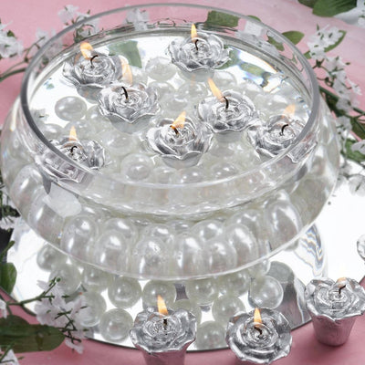 12 PCS Silver Rose Mini Floating Candles Wedding Birthday Party Centerpiece Decor