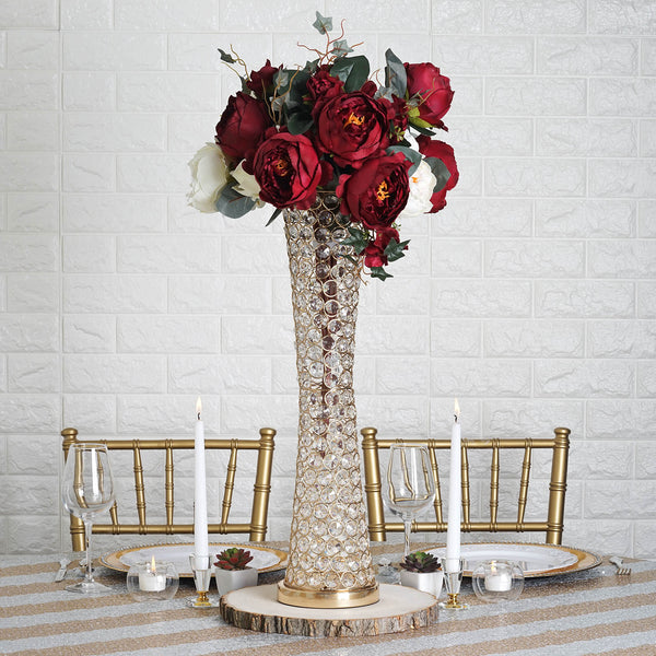 Elegant Tall Hurricane Beaded Crystal Vase Wedding Centerpiece - Gold - 24" Tall