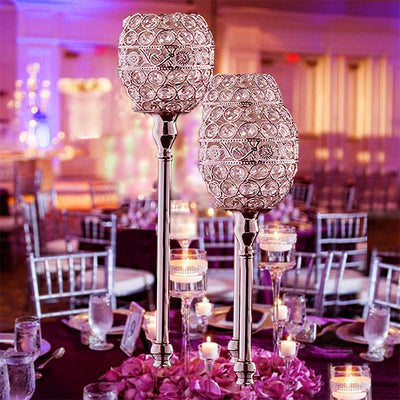 18" Tall Crystal Beaded Candle Holder Goblet Votive Tealight Wedding Chandelier Centerpiece - Silver