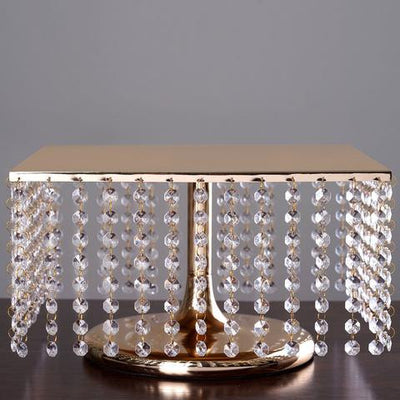 14" Bejeweled Gold Square Crystal Pendants Metal Chandelier Wedding Cake Stand