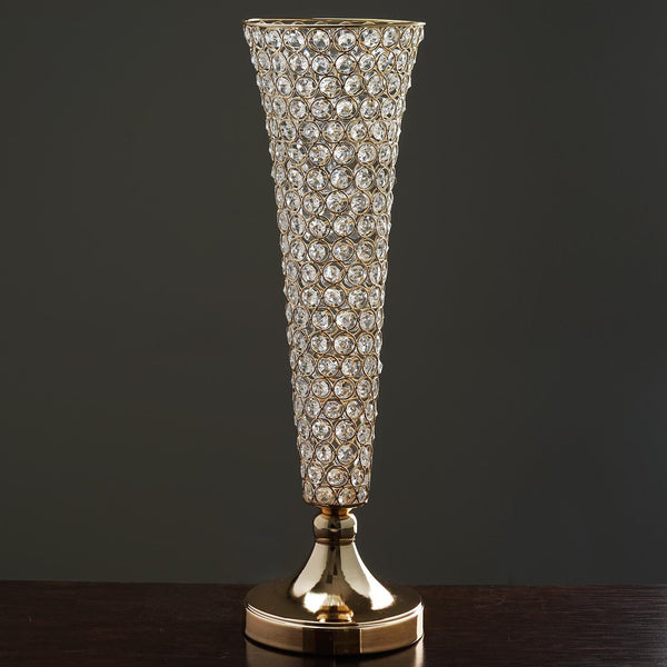 23" Tall Gold Beaded Crystals Trumpet Vase Wedding Centerpiece