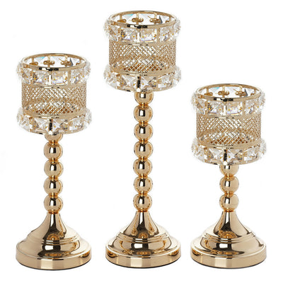 Crystal Beaded Gold Votive Candle Holder Wedding Chandelier Centerpiece - Set of 3pcs