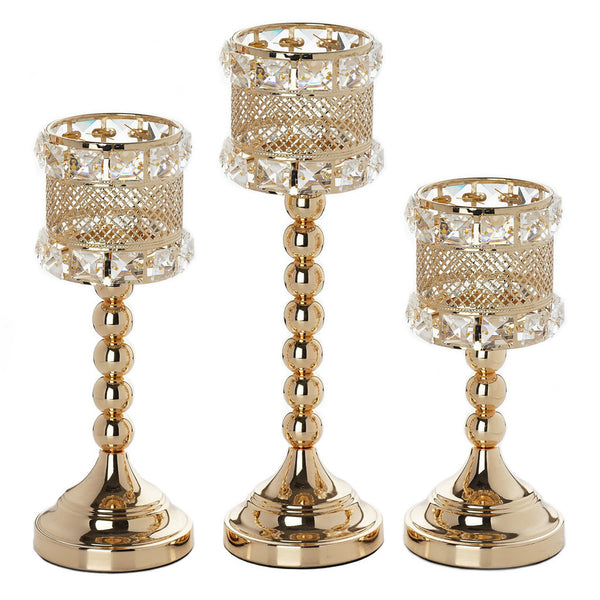 Crystal Beaded Gold Votive Candle Holder Wedding Chandelier Centerpiece - Set of 3pcs