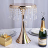 17" Tall Gold Metallic Trumpet Cake Riser Centerpiece with hanging Acrylic Crystal Chains