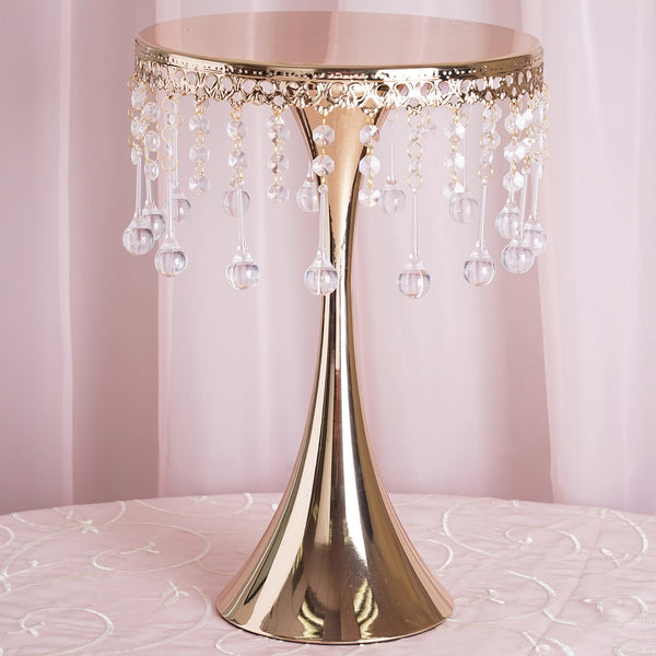 17" Tall Gold Metallic Trumpet Cake Riser Centerpiece with hanging Acrylic Crystal Chains