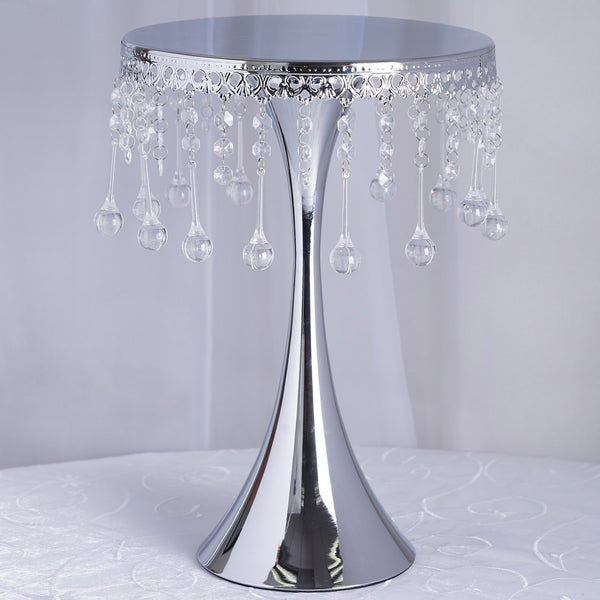 17" Tall Silver Metallic Trumpet Cake Riser Centerpiece with hanging Acrylic Crystal Chains